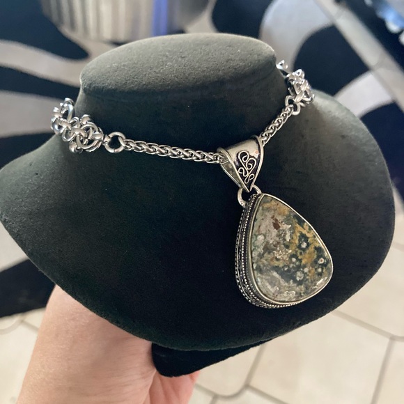 925 sterling overlay ocean moss agate jasper stone charm chain boho necklace - Picture 12 of 16